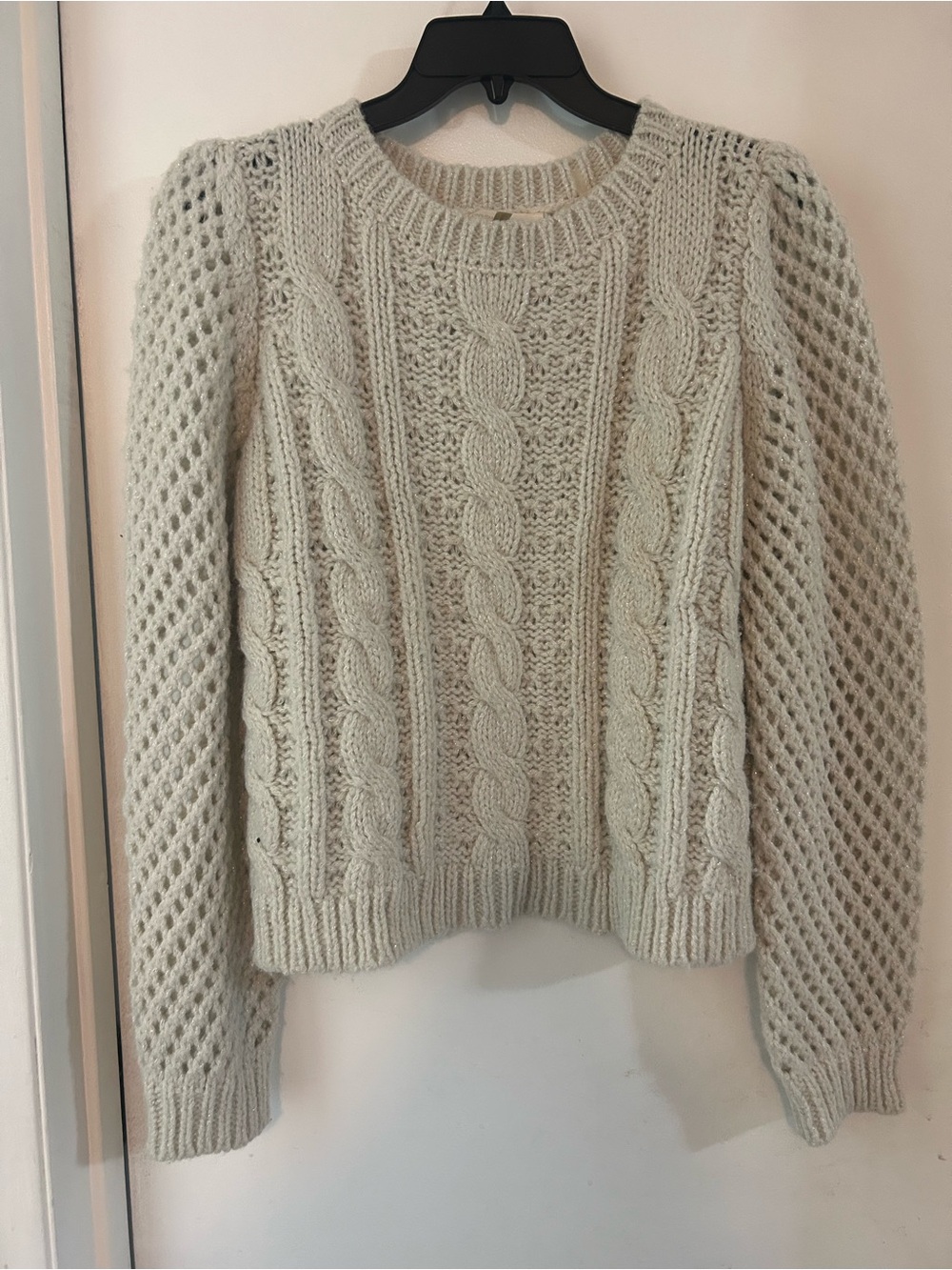 LoveShackFancy Cream Cable & Openwork Crewneck Sweater Alpaca metallic blend.